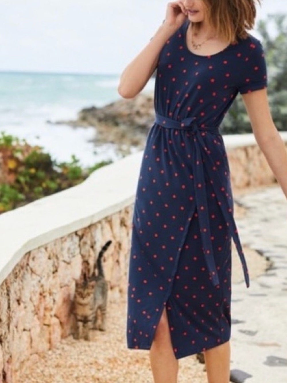 BODEN Hallie Jersey Dress Blue w/Red Polka Dots Pockets Stretch UK 8R / US 6R